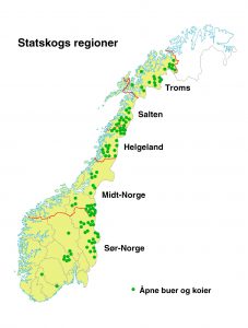 Oversikt over åpne koier og buer (NB: Klikk på bildet for en større versjon). Kilde: Statskog