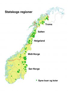 Oversikt over åpne koier og buer (NB: Klikk på bildet for en større versjon). Kilde: Statskog